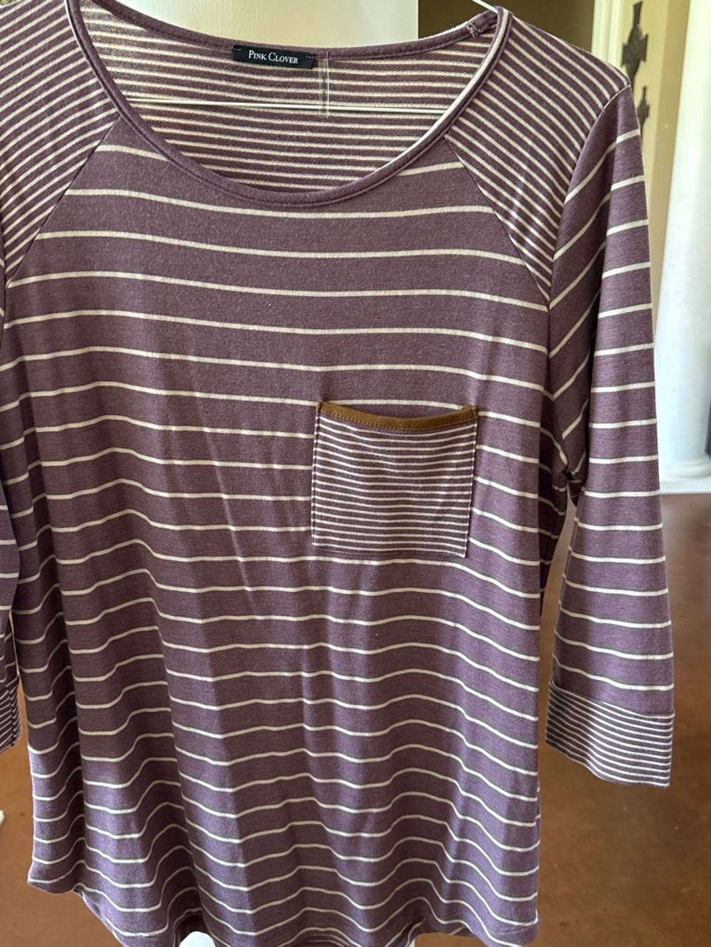 Pink Clover Mauve Striped Scoop Neck Pocket Top 3/4 sleeve